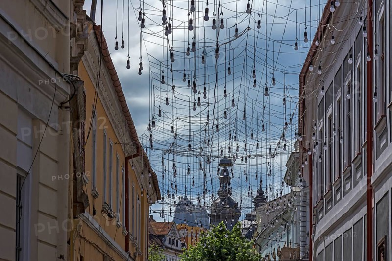 Light bulbs for evening lighting between houses, Cluj-Napoca, Romania