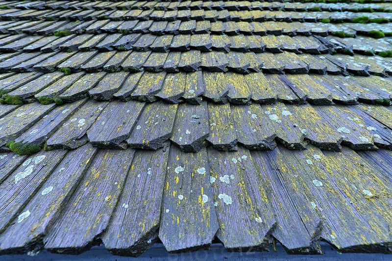 Wooden shingles of the historic wooden Trinity Church in Zhovkva city, Ukraine