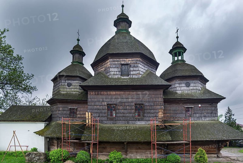 Historic wooden Trinity Church in Zhovkva city, Ukraine