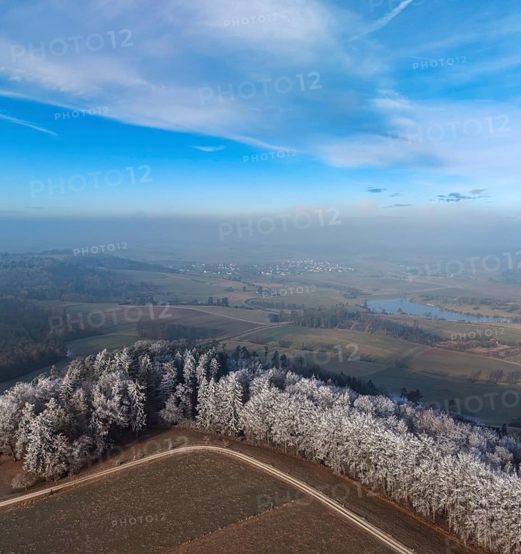 Aerial view of a coniferous forest on a hillside with spruce trees colored white from frost covered with hoarfrost in winter sun under blue sky with a winter landscape of meadows, fields and a small lake in the background, drone photography, Baden-Württemberg, Germany
