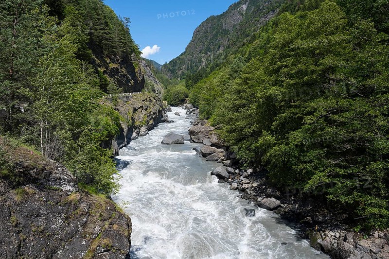 Wild water flows through a rocky valley, Enguri River near Khaishi, Mingrelia and Upper Svaneti region, Georgia