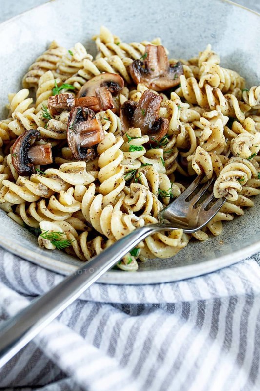 Fusilli pasta, in creamy mushroom sauce, pasta with mushrooms, homemade, no people