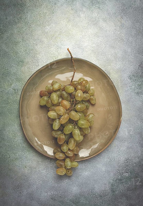 A branch of white grapes, wine grapes, Georgian grape variety Rkatsiteli, top view