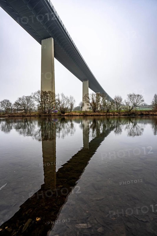 The Mintarder Ruhr Valley Bridge, A52 motorway bridge between Essen and Düsseldorf, longest steel road bridge in Germany, completed in 1966, 1830 meters long, 18 hollow pillars, highest point above ground is 65 meters, is used daily by more than 80, 000 vehicles, is considered dilapidated and is to be replaced, the bridge spans the Ruhr Valley, with the river Ruhr, between Essen-Kettwig and Mülheim an der Ruhr Hr, North Rhine-Westphalia, Germany