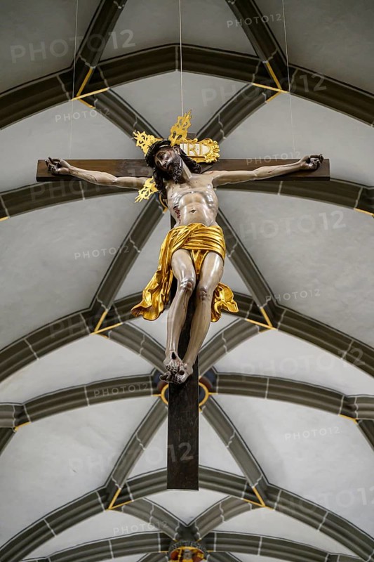 A baroque depiction of the crucifixion of Jesus on the vaulted ceiling of Radolfzell Münster, Radolfzell am Lake Constance, district of Constance, Baden-Württemberg, Germany