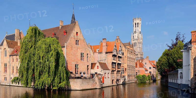 Belfry and houses on the canal, Rozenhoedkaai, Bruges, West Flanders, Flanders, Belgium