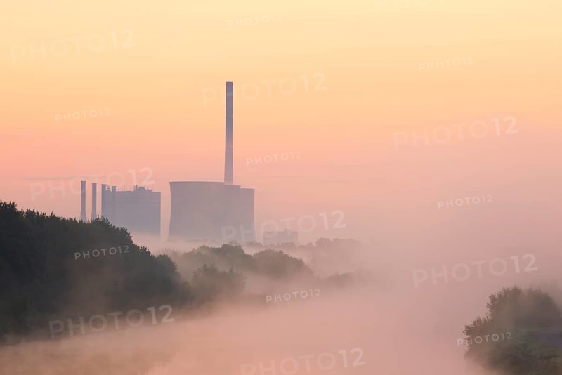 Datteln-Hamm Canal and Gersteinwerk power plant in morning fog at sunrise, Bergkamen, North Rhine-Westphalia, Germany