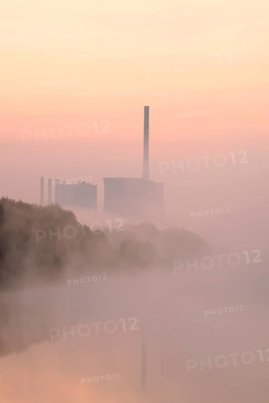 Datteln-Hamm Canal and Gersteinwerk power plant in morning fog at sunrise, Bergkamen, North Rhine-Westphalia, Germany