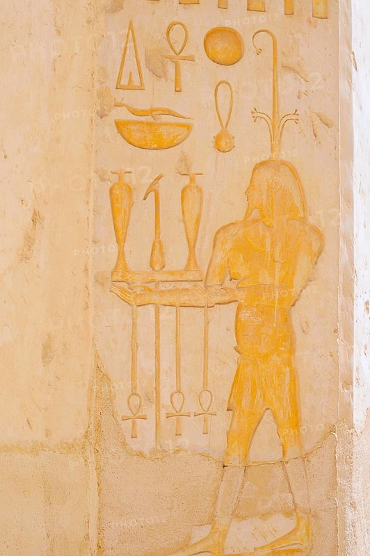 Column with relief of the Nile god Hapi, Hatshepsut temple, Hatshepsut mortuary temple, Deir el-Bahari, Thebes, Luxor, Egypt