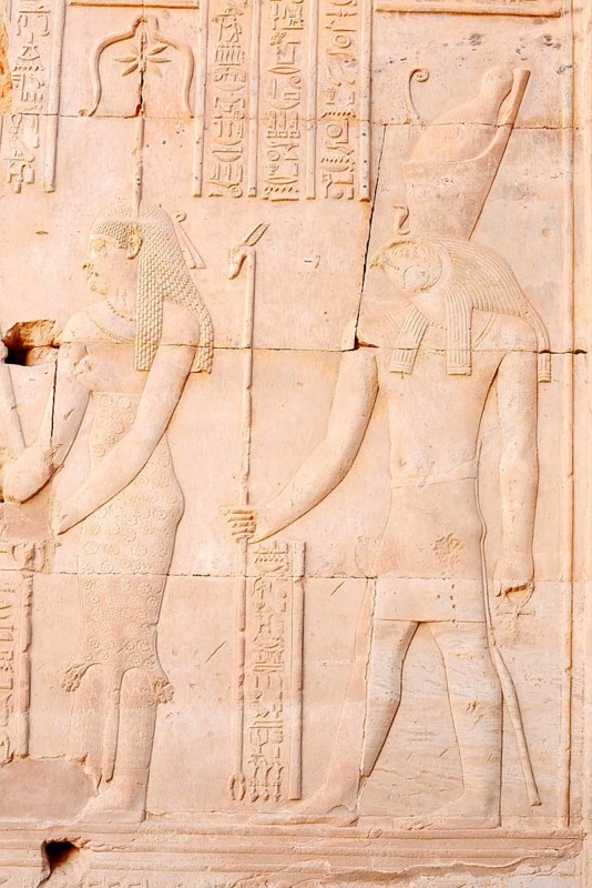 Relief of the goddess Seschat and the falcon-headed god of light and sky Haroeris, double temple of Kom Ombo, Kom Ombo, Egypt