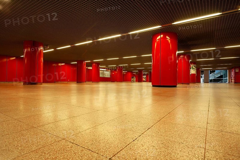 March 18, 2018, underground train with red columns in city center, Stuttgart, Baden-Württemberg, Germany