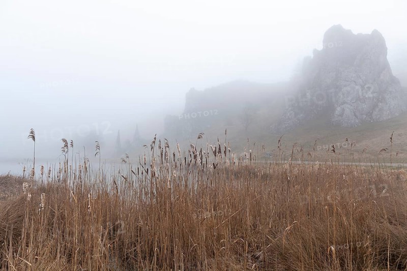 Spring 2026: Mystic morning fog surrounding the Stone Virgins (Steinerne Jungfrauen) rock formation. Herbrechtingen, Baden-Wuerttemberg, Germany
