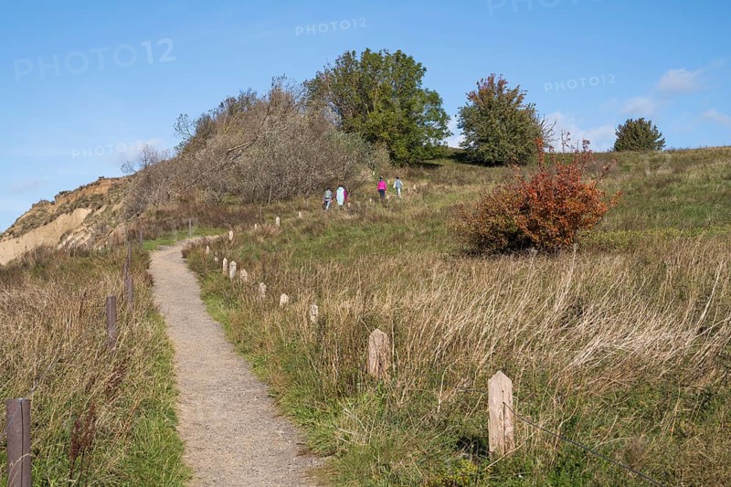 Hikers on the trail above the steep coast, Hochuferweg, autumn colors, Klein Zicker, Mönchgut, Rügen island, Baltic Sea, Mecklenburg-Western Pomerania, Germany