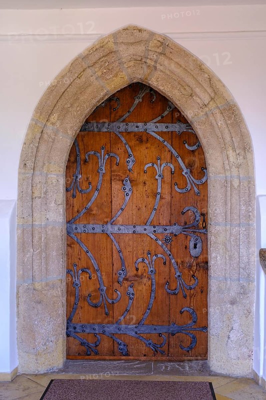 Decorated church door, Seebruck am Chiemsee, Chiemgau, Upper Bavaria, Bavaria, Germany