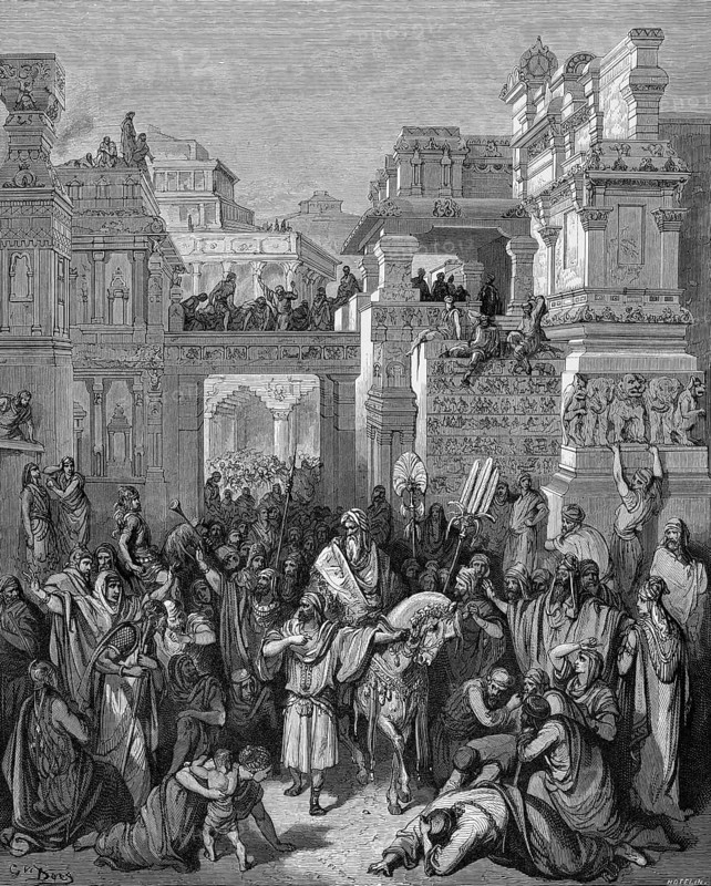 Triumph of the Jew Mordachai, he rides through the city, Mordecai is honored, Bible, Old Testament, Esther 6, verse 11, ancient cityscape, decorations, jewelry, trumpet, honor, glorious reception, crowd, triumph, enthusiasm, spectator, Esther, historical illustration after Gustave Doré around 1880