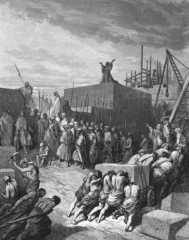 Reconstruction of the temple, the builders lay the foundation for the Lord's temple, Bible, Old Testament, Ezra 3, verse 10, Ezra scribe from Babylon, building, workers, stone blocks, wooden crane, scaffolding, King David, Israel, loads, pushing, straining, strength, tools, stress, historical illustration based on Gustave Doré around 1880