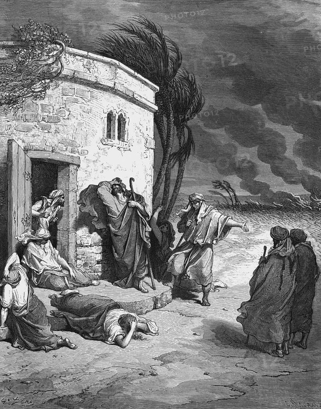 Job in the land of Uz experiences his misfortune, his sons and daughters are together, robbers from Arabia make an attack, Bible, Old Testament, Job 1 verse 13, 14, landscape, stone house, dark clouds, messenger, bad news, cattle stolen, loss, despair, anger, anger, people, conversation, historical illustration based on Gustave Doré around 1880