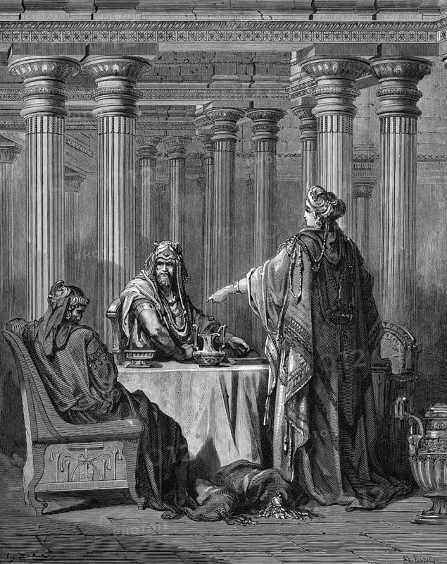Opponent and enemy is Haman, this criminal, Haman became afraid of the king and queen, Esther spoils Haman, Bible, Old Testament, Esther 7, verse 6, Esther, palace, interior, table, bowl, fine jewelry rich vestments, conversation, indictment, historical illustration based on Gustave Doré around 1880