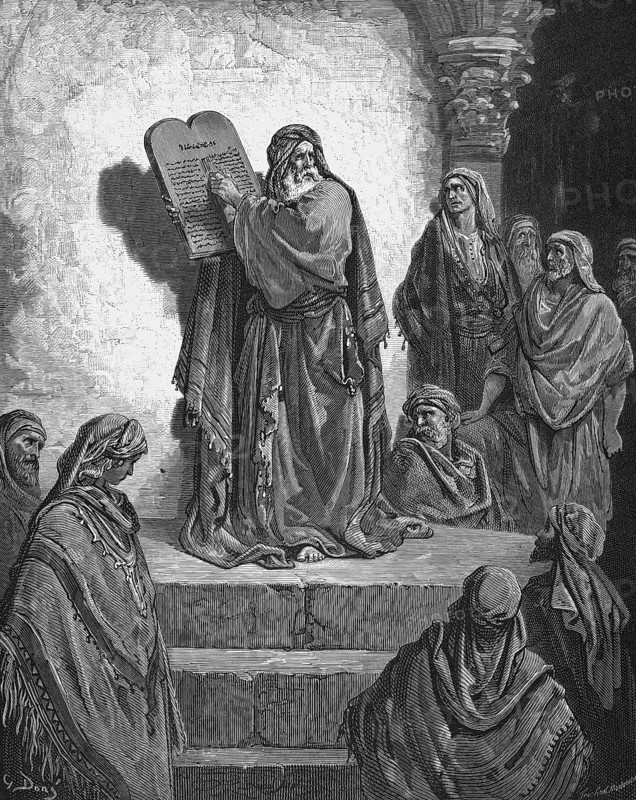 The scribe and priest Ezra shows the people the law, Bible, Old Testament, Nehemiah 8, verse 2, tablet, steps, men, woman, intellect, read, show, explain, listen, talk, scholar, historical illustration based on Gustave Doré around 1880