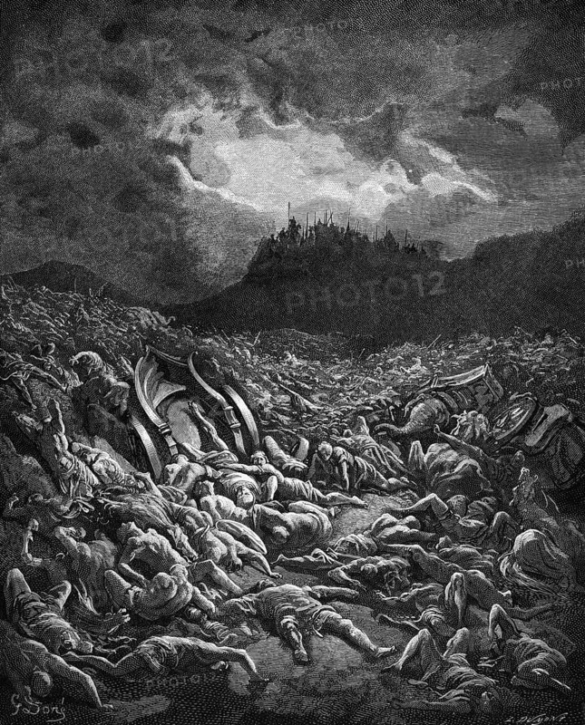 The inhabitants of Judah keep an eye out for the enemy army, but they only see bodies lying on the ground, Bible, Old Testament, Second Chronicles 20, verse 24, Ammonites, Moabites, dead, lying on the ground, destruction, raid, mountain ridges, army, weapons, dark sky, grief, combat wagon, horses, historical illustration based on Gustave Doré around 1880