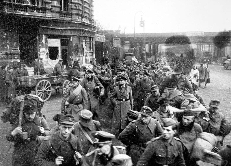German prisoners of war in Berlin, near York Bridges, April 1945 J. Chaldej about this photo: I took many photos of prisoners of war in Berlin. It's very interesting how they reacted. They were ashamed of being prisoners in their own city