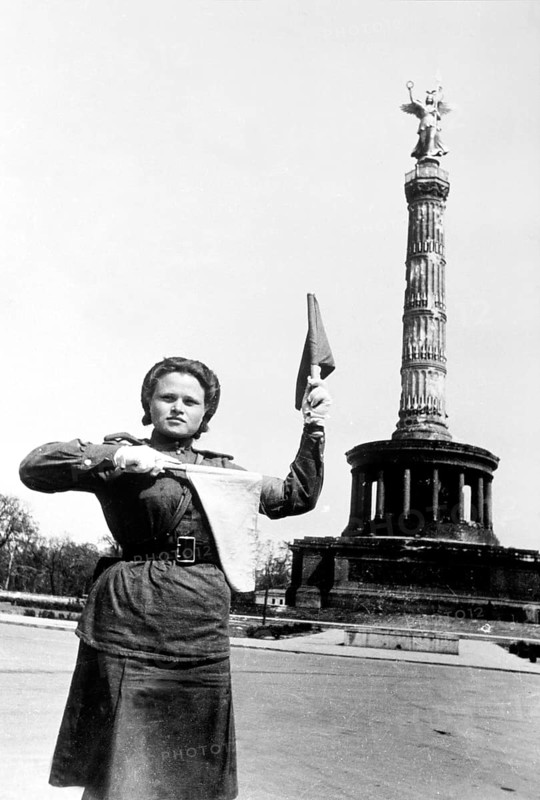 Soviet traffic policewoman at the Victory Column, Berlin May 1945
