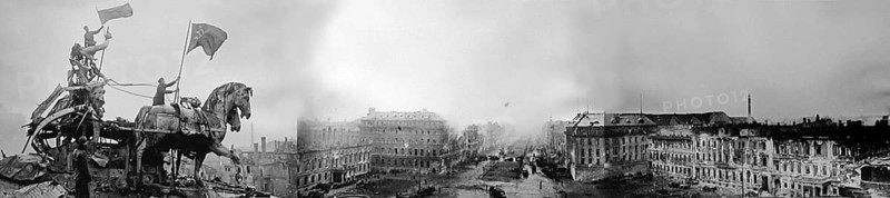 Panorama of Pariser Platz on May 2, 1945, seen from the roof of the Brandenburg Gate. Montage from three photos. Mitte, Berlin, Germany