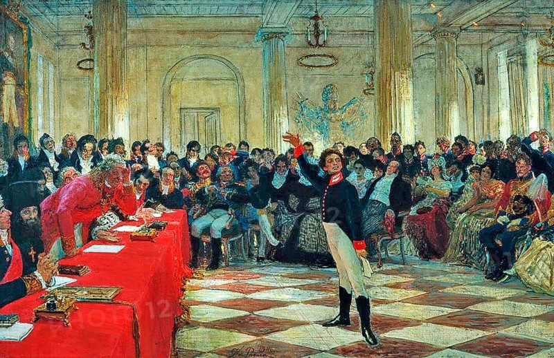 Alexander Pushkin (1799-1837), The 14-year-old Pushkin recites a poem to Dzerzhavin at the lyceum, Russian writer, historical Russia. Pushkin is regarded by most of his compatriots as the Russian national poet - far ahead of all others such as Tolstoy, Dostoevsky or Gogol