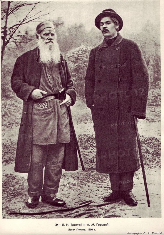 Maxim Gorky (1868-1936), Lev Nikolayevich Tolstoy and Maxim Gorky around 1900, Russian writer, historical Russia