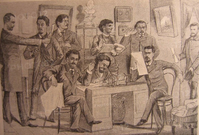 Anton Chekhov (1860-1904), an editorial meeting of Budilnik. Chekhov can be seen second from the left. A drawing from 1885, Russian writer, historical Russia. With his typically neutral and restrained way of depicting aspects of the life and way of thinking of people in the Russian provinces, Chekhov is considered one of the most important authors in Russian literature