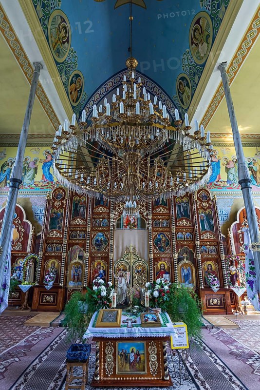 Altar room with candelabra of the former German Protestant Church today Greek Catholic, Lanivka, Ukraine