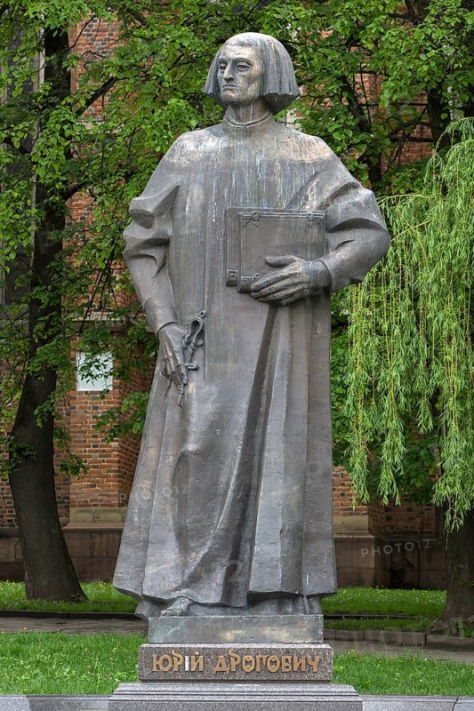 Monument to Yuri Drohobych, 1450 - 1494, philosopher, writer, doctor, rector of the University of Bologna, Drohobych, Ukraine