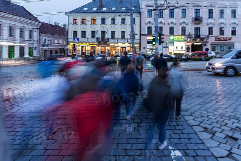 Pedestrians crossing a road, motion blur, Lviv, Ukraine
