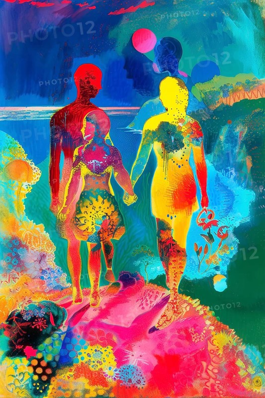 Couple walking hand in hand in a love silhouette, Painting like composition, AI generated