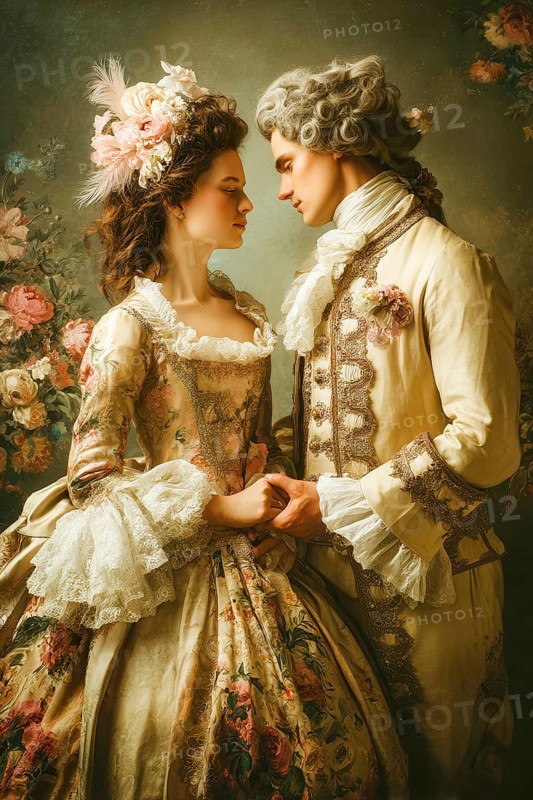 Couple dressed in French style gown in a romantic embrace, Painting like composition, AI generated