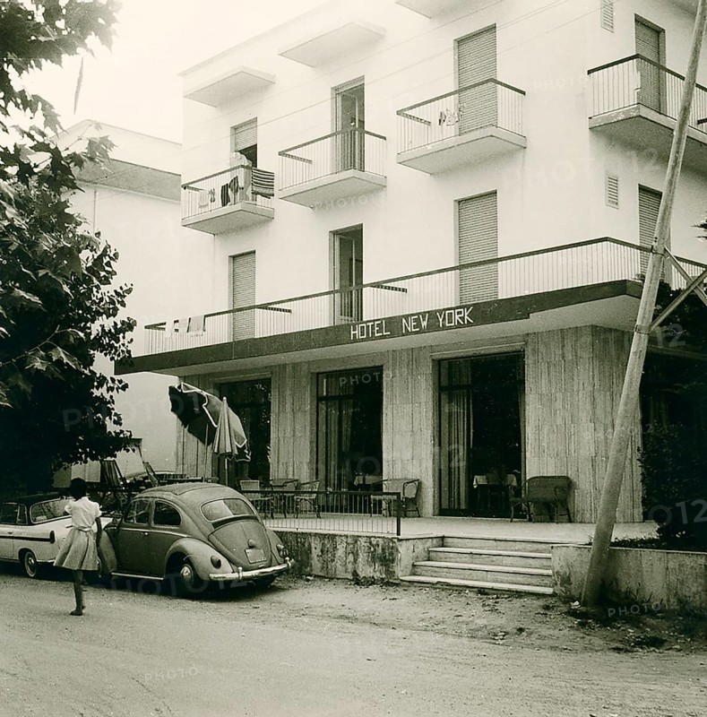 Tourist hotel, historical photo summer 1961, Rimini, Italy