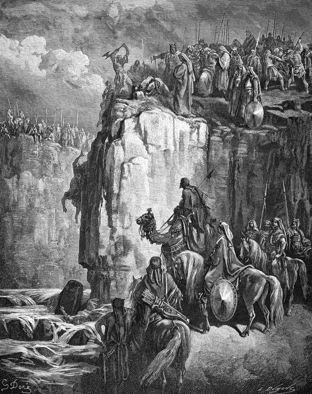 Elias kills the prophets of Baal at the stream Kishon, seizes the prophets of Baal, none of them shall escape, First Book of Kings, chapter 18, verse 40, Bible, Old Testament, rocks, cliff, cataract, fall, death, cruel, armies, battle, all, kill, axe, spears, camels, horses, bow and arrow, warrior, historical illustration based on Gustav Vé Doré around 1880