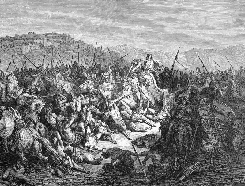 King Achab beats the Syrians, the Israelites beat the Arameans, First Book of Kings, chapter 20, verse 29, Bible, Old Testament, Israel, two armies, plain, mountains, enemies, war, battle, destroy, riders, horses, spears, lances, wounded, dead, cruelty, murder, grief, victors, torment, historical illustration based on Gustave Doré around 1880