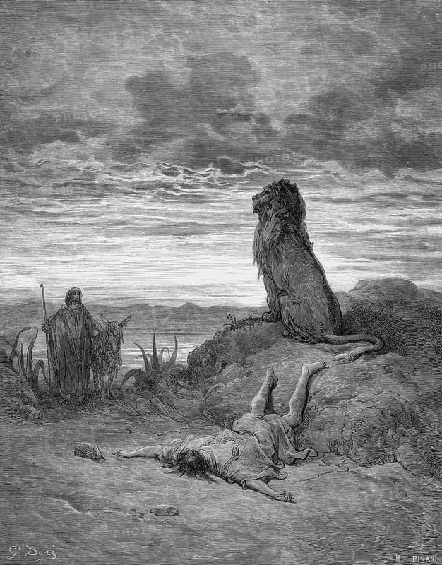 The death of the Prophet of Bethel, the lion had neither eaten the corpse nor attacked the donkey, First Book of Kings, chapter 13, verse 28, Bible, Old Testament, man of God, walking stick, mountain landscape, lake, rocks, plants, grief, lying down, historical illustration after Gustave Doré around 1880