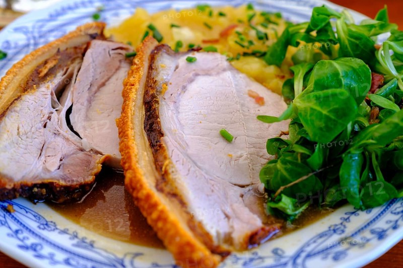 Roast pork with potato salad, Erlebnisgaststätte Erlensee, near Schechen, Upper Bavaria, Bavaria, Germany