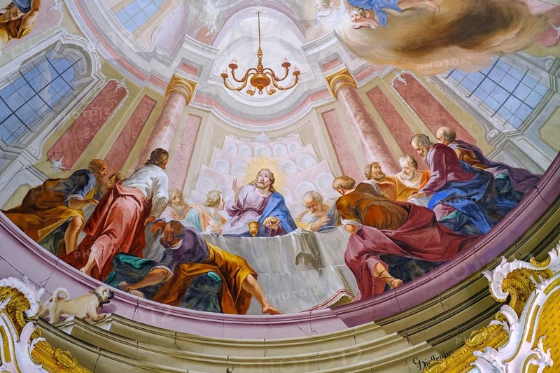 Last Supper, frescoes in the monastery church of St. Cosmas and Damian, by Johann Georg Dieffenbrunner, former imperial abbey of Gutenzell an der Rot, Rottal, Upper Swabia, Baden-Württemberg, Germany