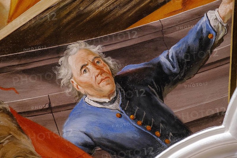 Johann Georg Dieffenbrunner, Fresskomaler, self-portrait, 1756, frescoes in the monastery church of St. Cosmas and Damian, by Johann Georg Dieffenbrunner, former imperial abbey of Gutenzell an der Rot, Rottal, Upper Swabia, Baden-Württemberg, Germany