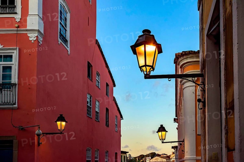 Facades of old houses illuminated by lanterns during sunset on the streets of Pelourinho in Salvador, Bahia, Pelourinho, Salvador, Bahia, Brasil