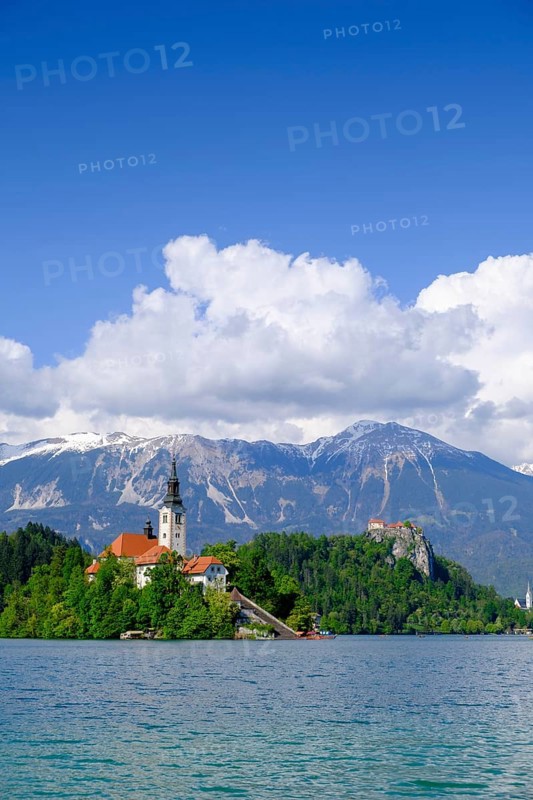 Blejski Otok island with St. Mary's Church, Bled, Lake Bled, Slovenia