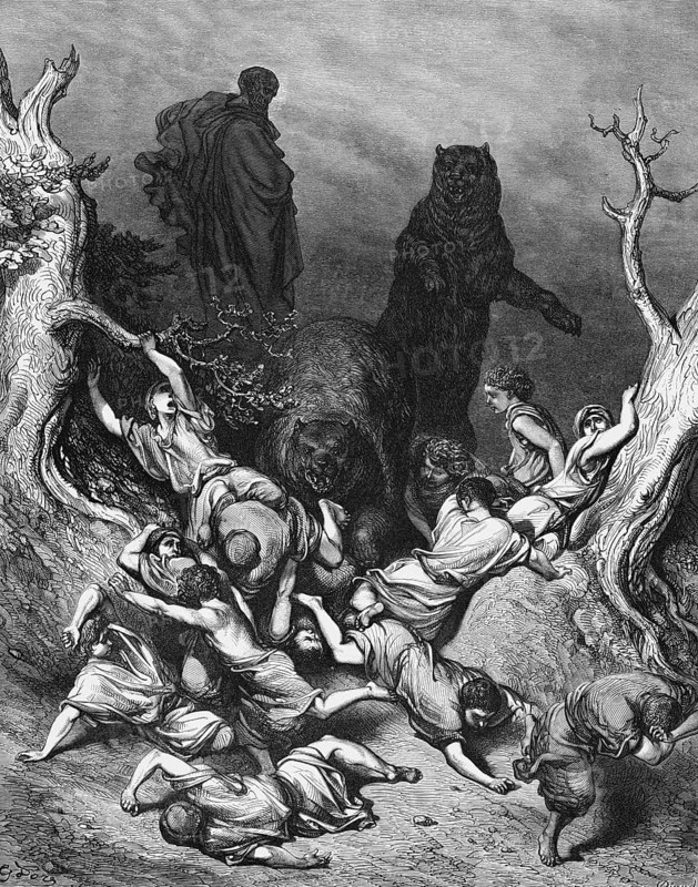 Away to Beth-El, Elisha or Elisha curses the boy to Bethel, there come two female bears from the forest and tear 42 children to pieces, Bible, Old Testament, Second Book of Kings, chapter 2, verse 24, many young people, kill, horror, murder, defenseless, run, cruel, historical illustration