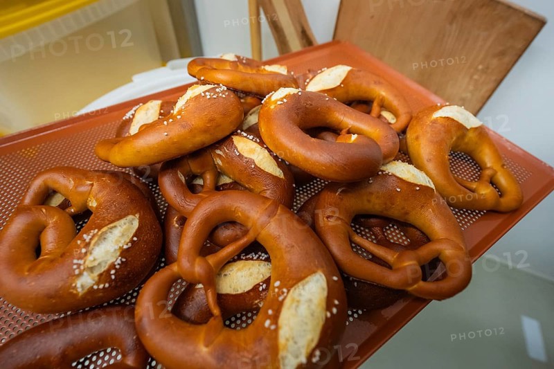 Fresh golden brown pretzels with salt on a baking mat, bake rolls, Haselstaller Hof, Gechingen, Germany