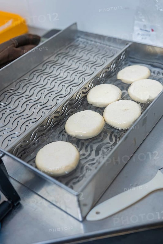 Round dough slices are on a tray ready for further processing, baking rolls, Haselstaller Hof, Gechingen, Germany