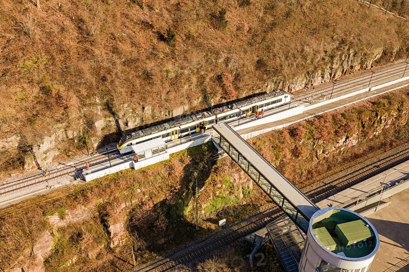 Train travels across tracks below an elevated bridge surrounded by autumn colors, test run on the new Hermann Hesse Railway with Siemens Mireo Plus B trains, Calw, Germany
