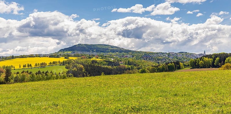 View of Pöhlberg and Annaberg-Buchholz with St. Annen church in spring, Ore Mountains, Saxony, Germany