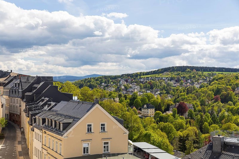 Buchholz district with Keilberg and Fichtelberg in the background, Annaberg-Buchholz, Ore Mountains, Saxony, Germany